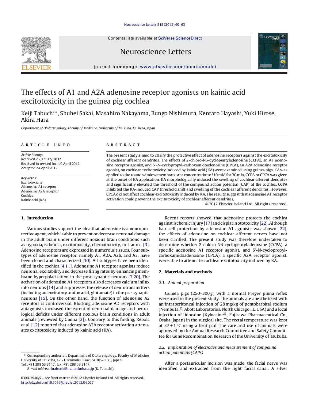 The effects of A1 and A2A adenosine receptor agonists on kainic acid excitotoxicity in the guinea pig cochlea