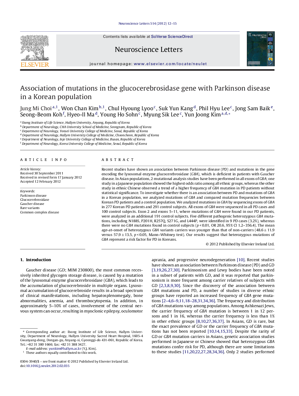 Association of mutations in the glucocerebrosidase gene with Parkinson disease in a Korean population