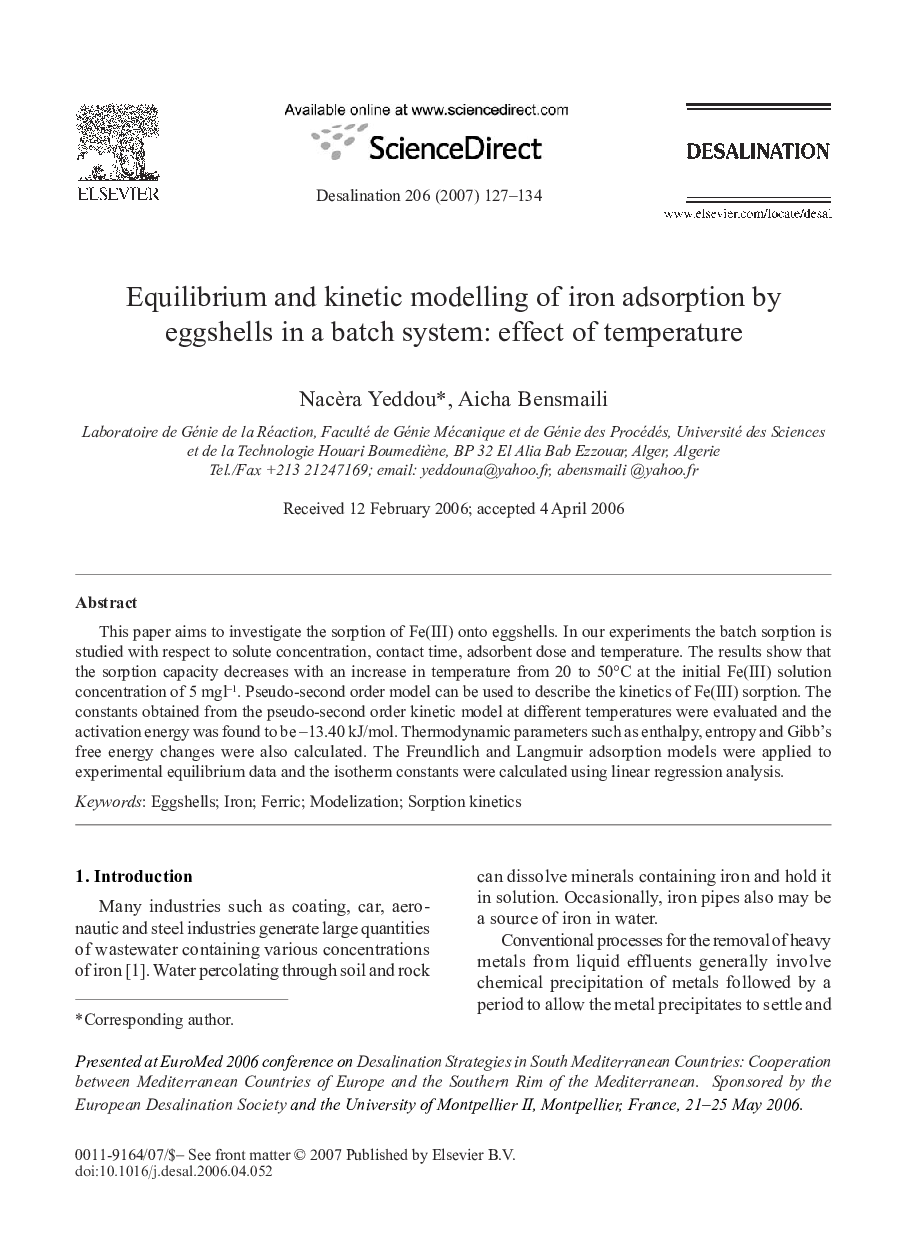 Equilibrium and kinetic modelling of iron adsorption by eggshells in a batch system: effect of temperature