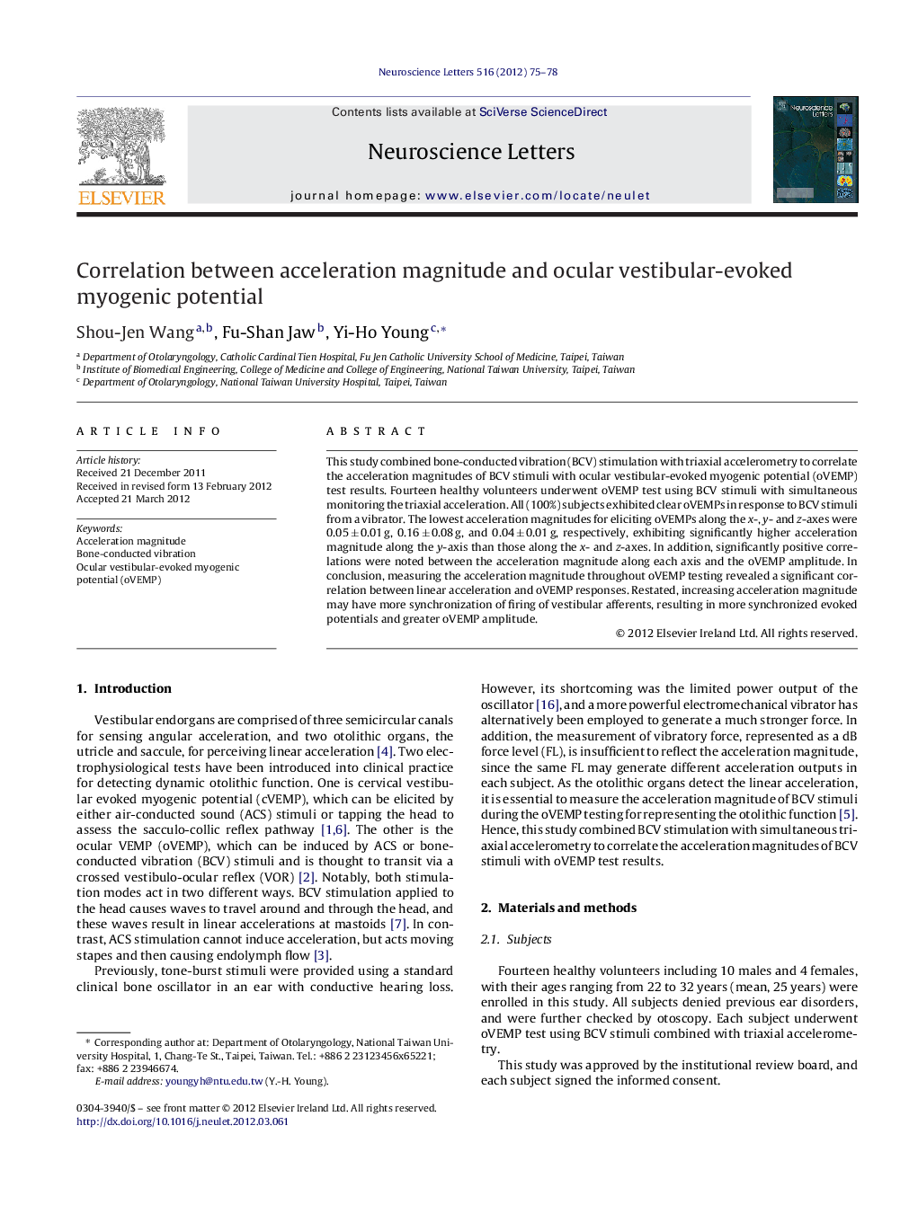 عکس صفحه اول مقاله: Correlation between acceleration magnitude and ocular vestibular-evoked myogenic potential Correlation between acceleration magnitude and ocular vestibular-evoked myogenic potential