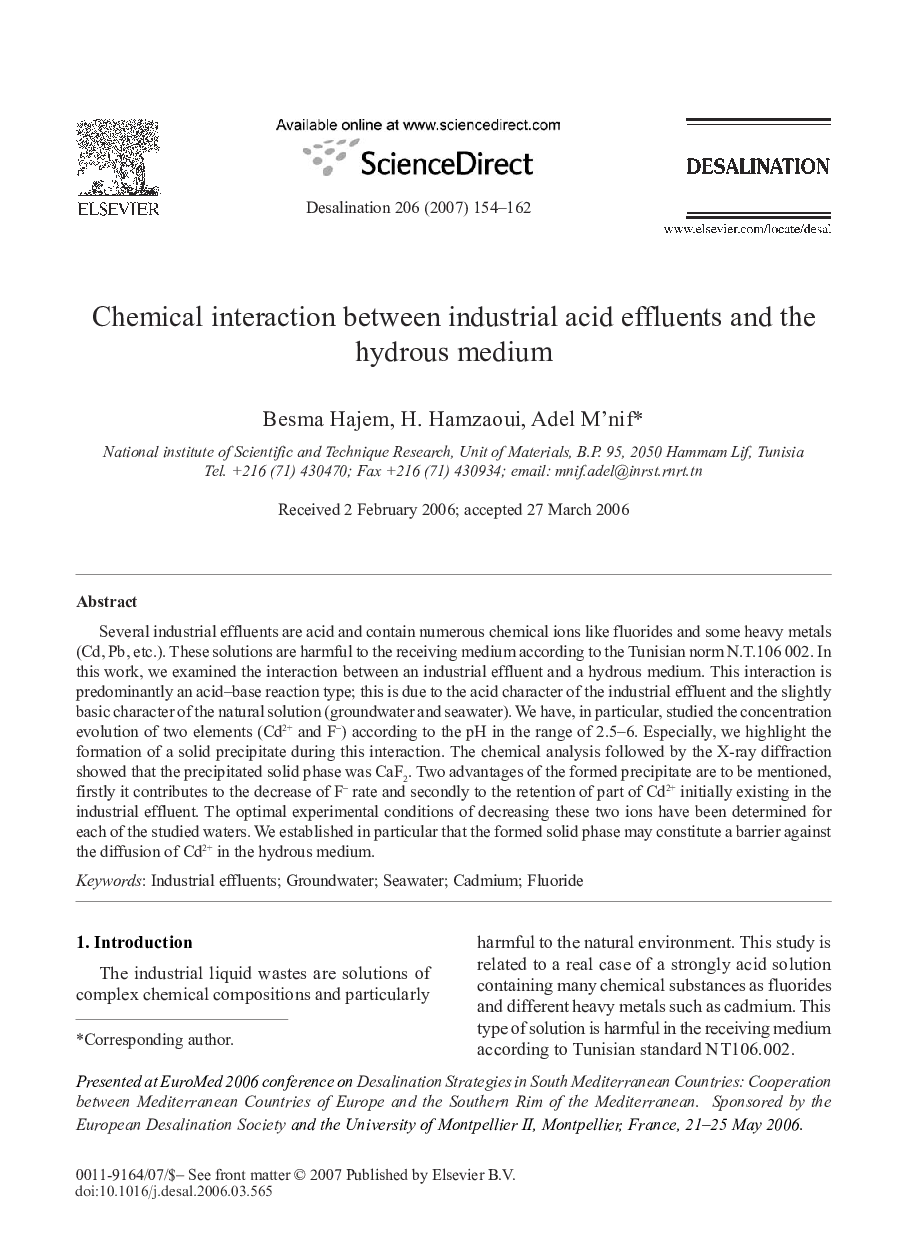 Chemical interaction between industrial acid effluents and the hydrous medium