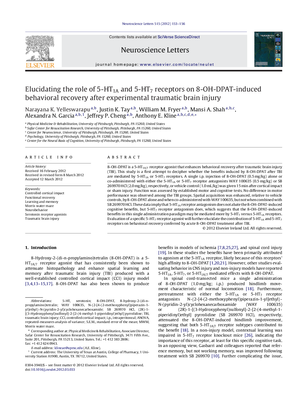 Elucidating the role of 5-HT1A and 5-HT7 receptors on 8-OH-DPAT-induced behavioral recovery after experimental traumatic brain injury