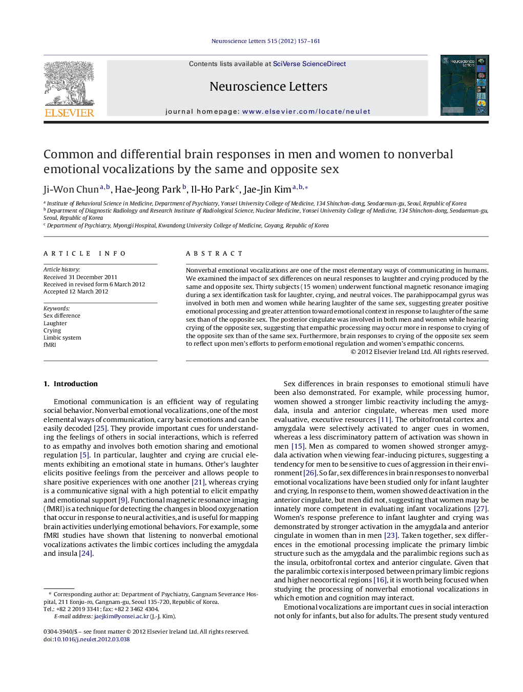 Common and differential brain responses in men and women to nonverbal emotional vocalizations by the same and opposite sex