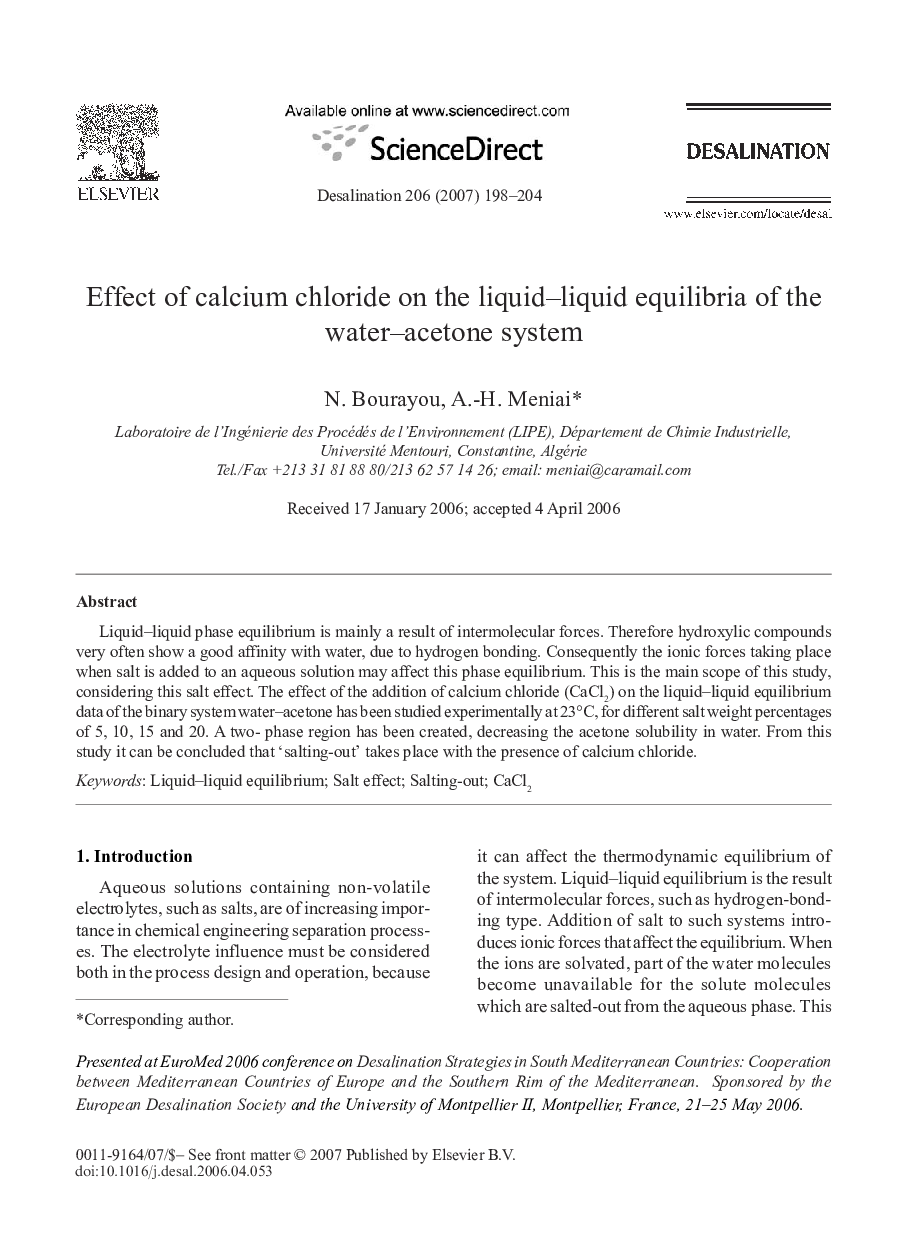 Effect of calcium chloride on the liquid-liquid equilibria of the water-acetone system