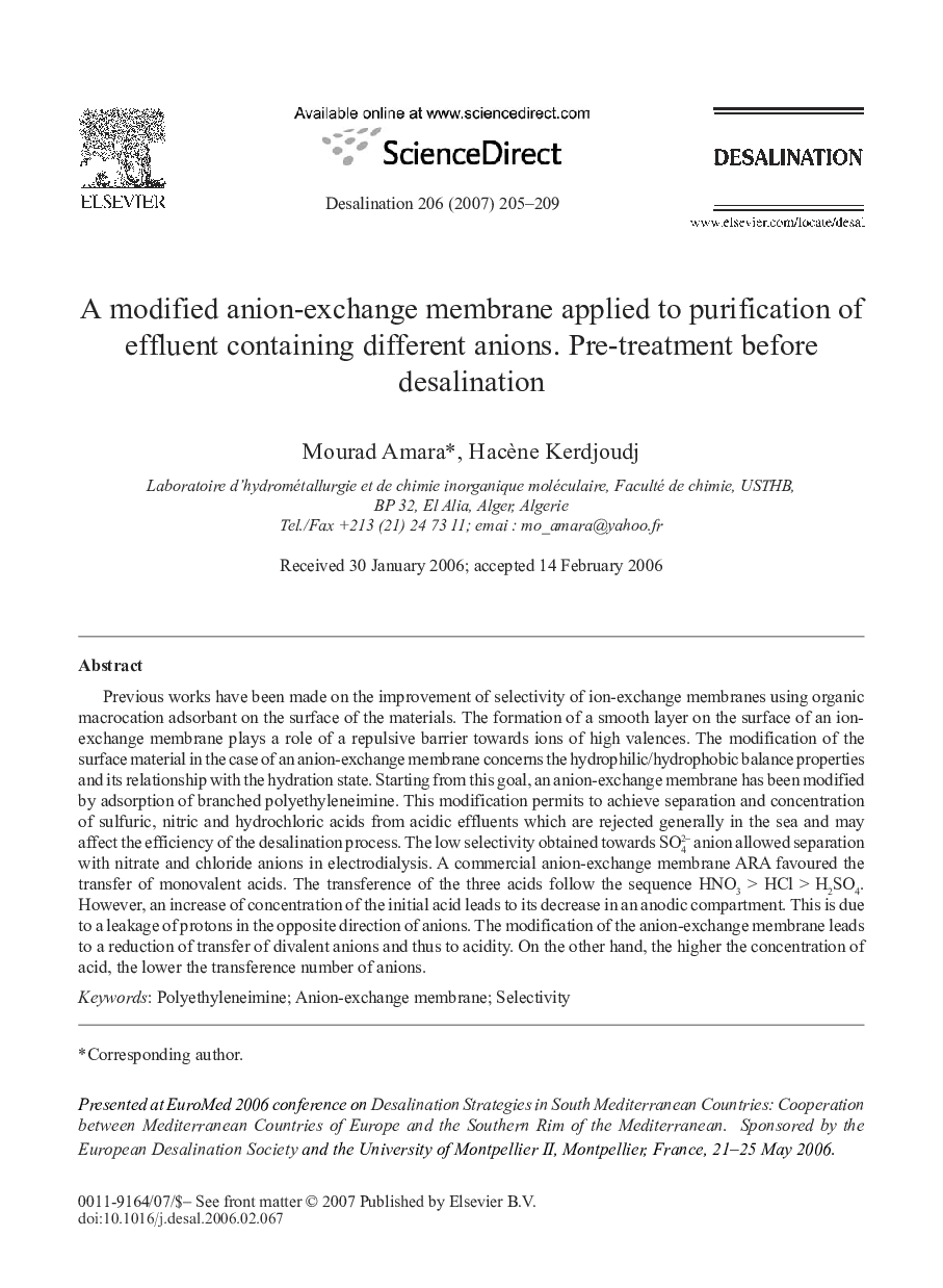 A modified anion-exchange membrane applied to purification of effluent containing different anions. Pre-treatment before desalination