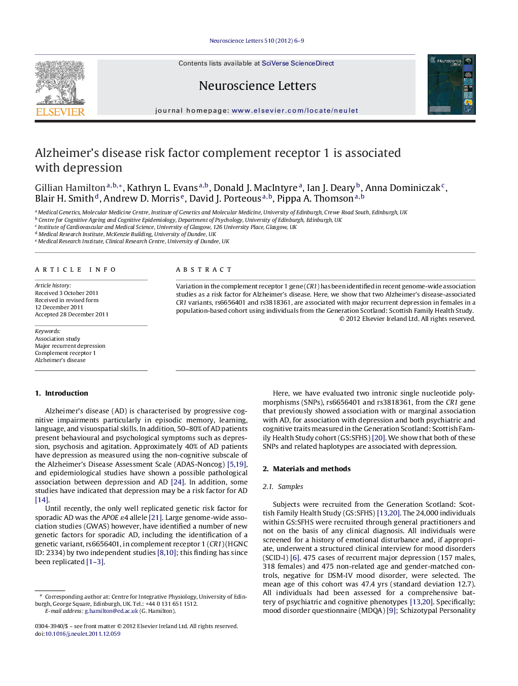 Alzheimer's disease risk factor complement receptor 1 is associated with depression