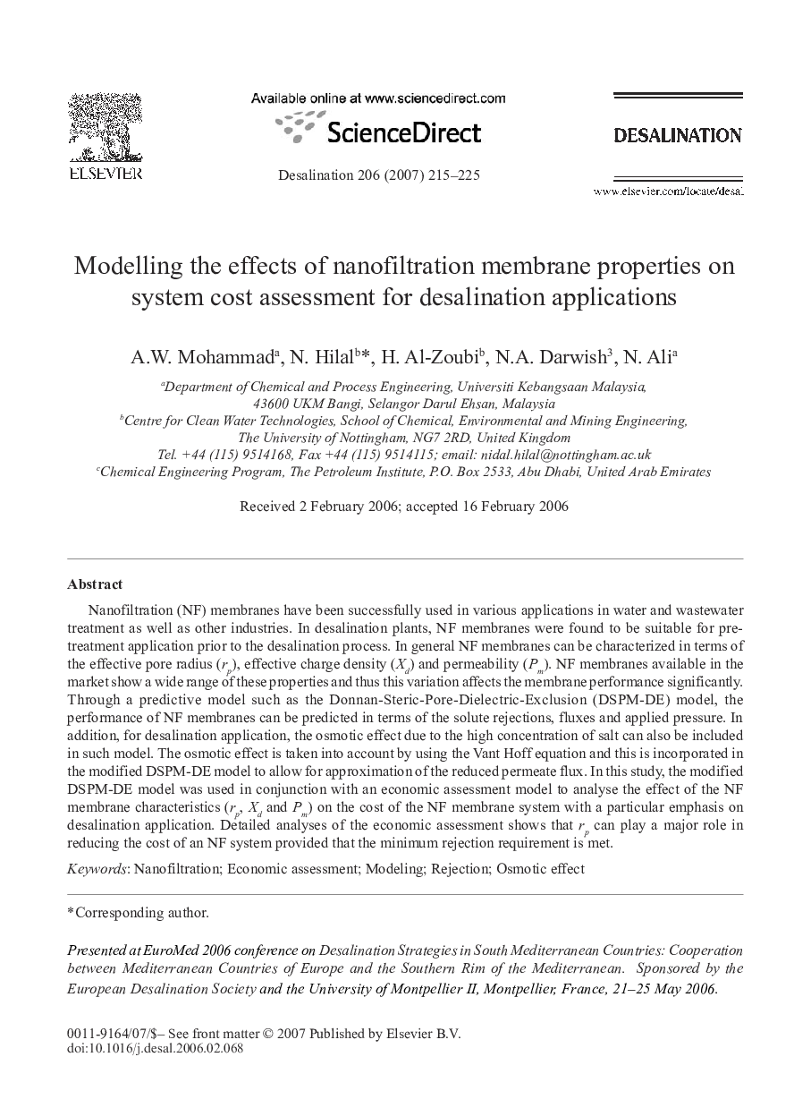 Modelling the effects of nanofiltration membrane properties on system cost assessment for desalination applications
