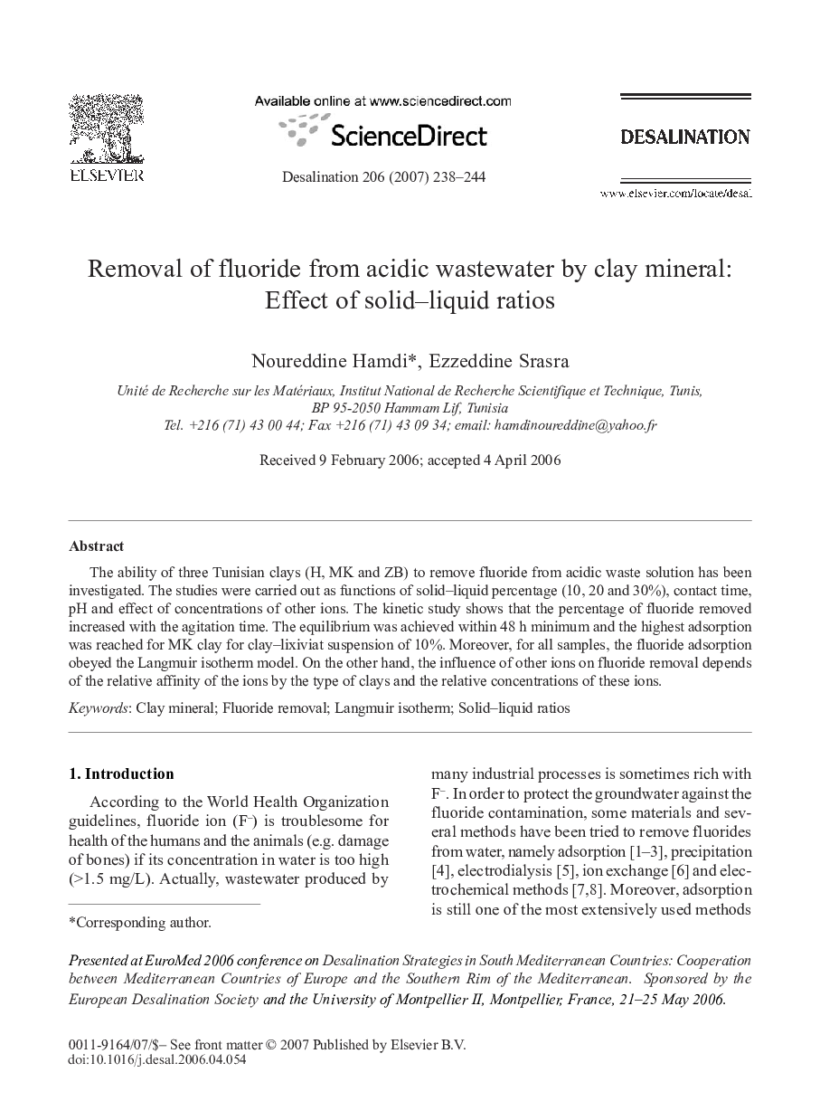 Removal of fluoride from acidic wastewater by clay mineral: Effect of solid-liquid ratios