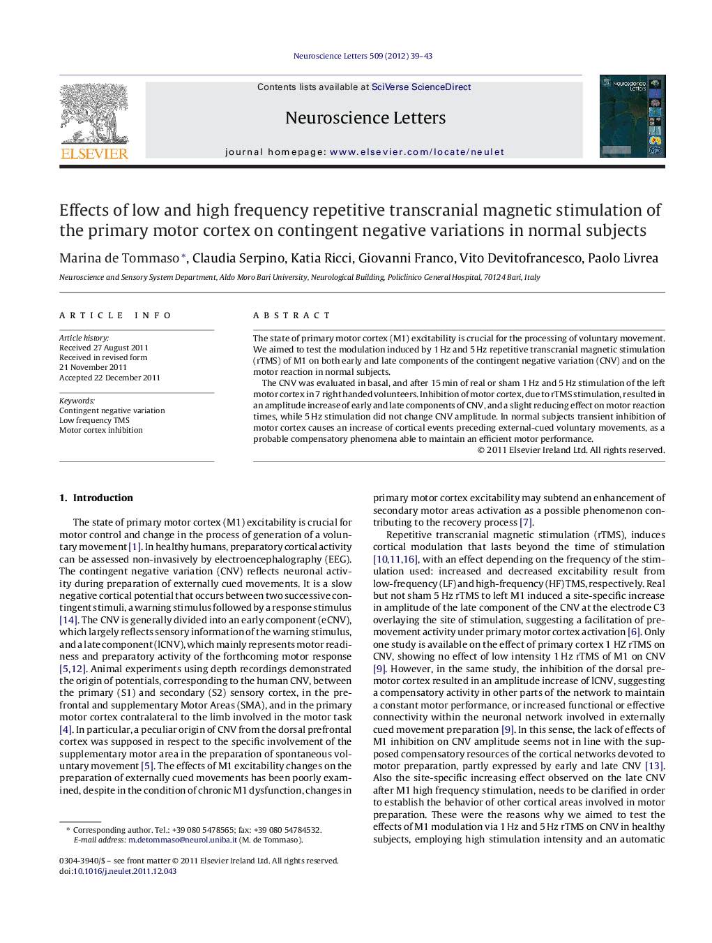 Effects of low and high frequency repetitive transcranial magnetic stimulation of the primary motor cortex on contingent negative variations in normal subjects