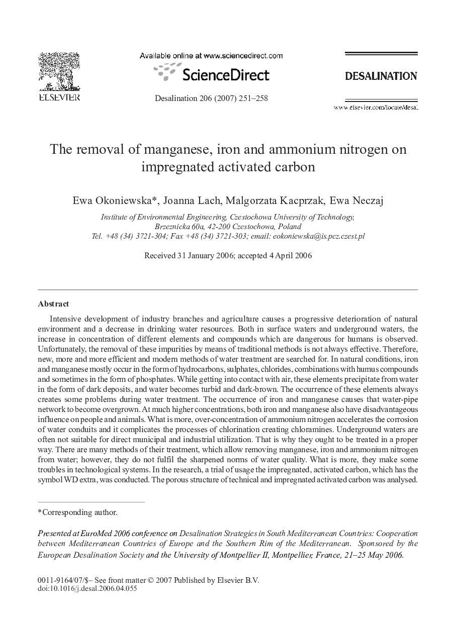 The removal of manganese, iron and ammonium nitrogen on impregnated activated carbon