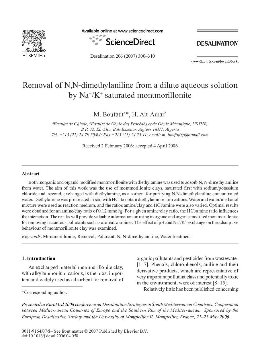 Removal of N,N-dimethylaniline from a dilute aqueous solution by Na+/K+ saturated montmorillonite