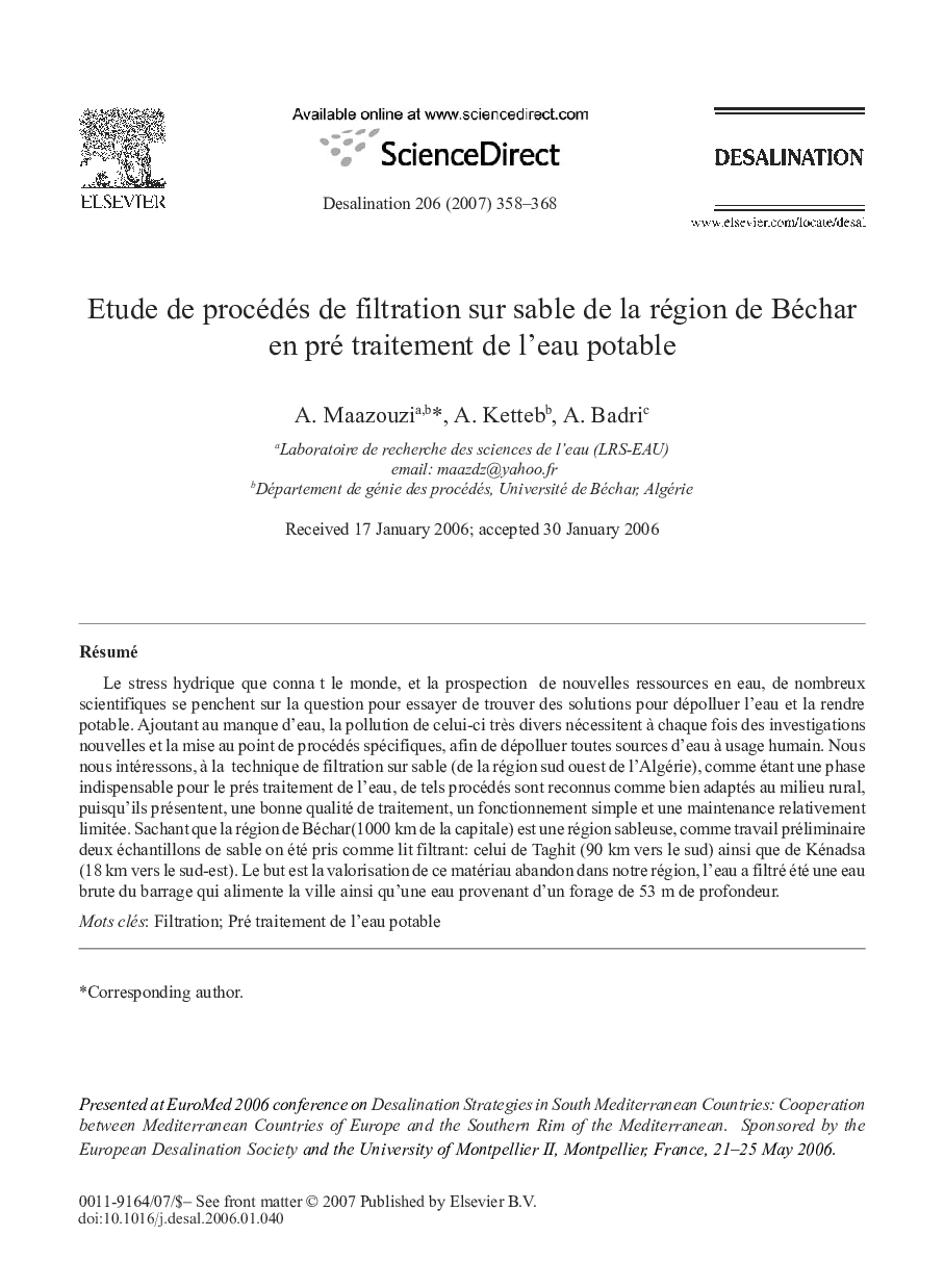 Etude de procédés de filtration sur sable de la région de Béchar en pré traitement de l'eau potable