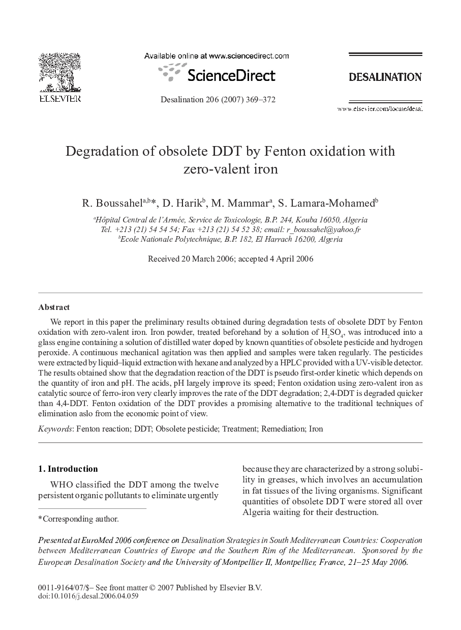 Degradation of obsolete DDT by Fenton oxidation with zero-valent iron