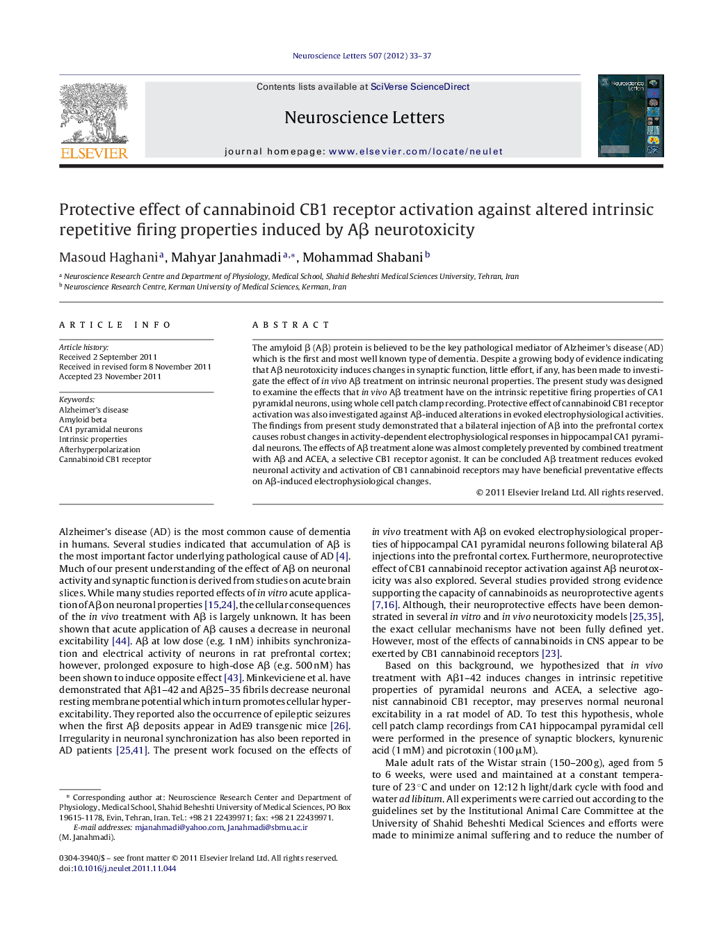 Protective effect of cannabinoid CB1 receptor activation against altered intrinsic repetitive firing properties induced by AÎ² neurotoxicity