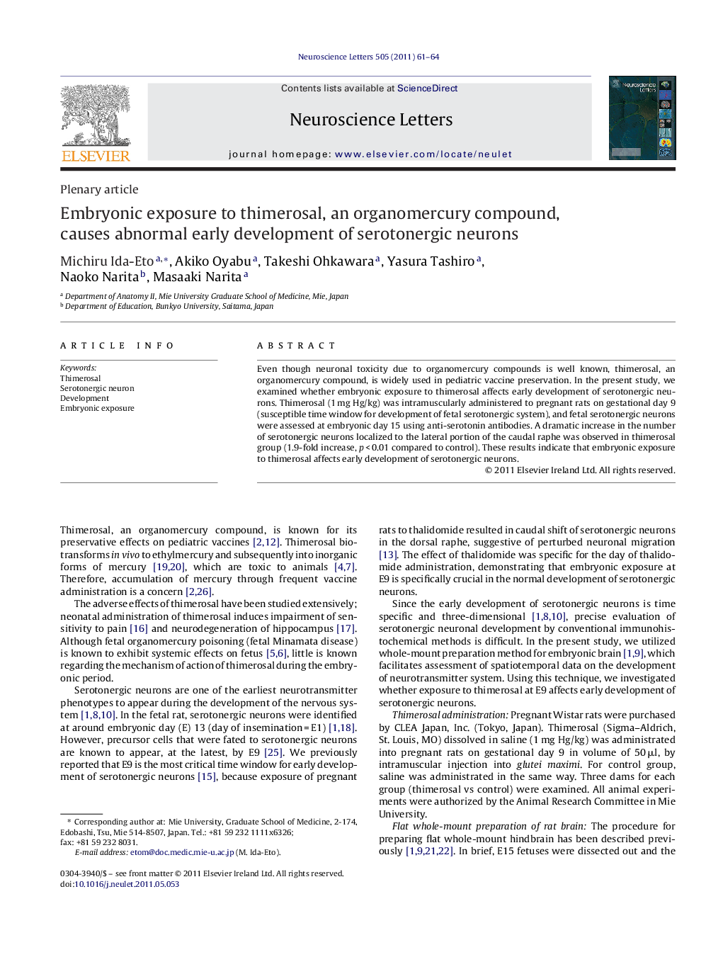 Embryonic exposure to thimerosal, an organomercury compound, causes abnormal early development of serotonergic neurons