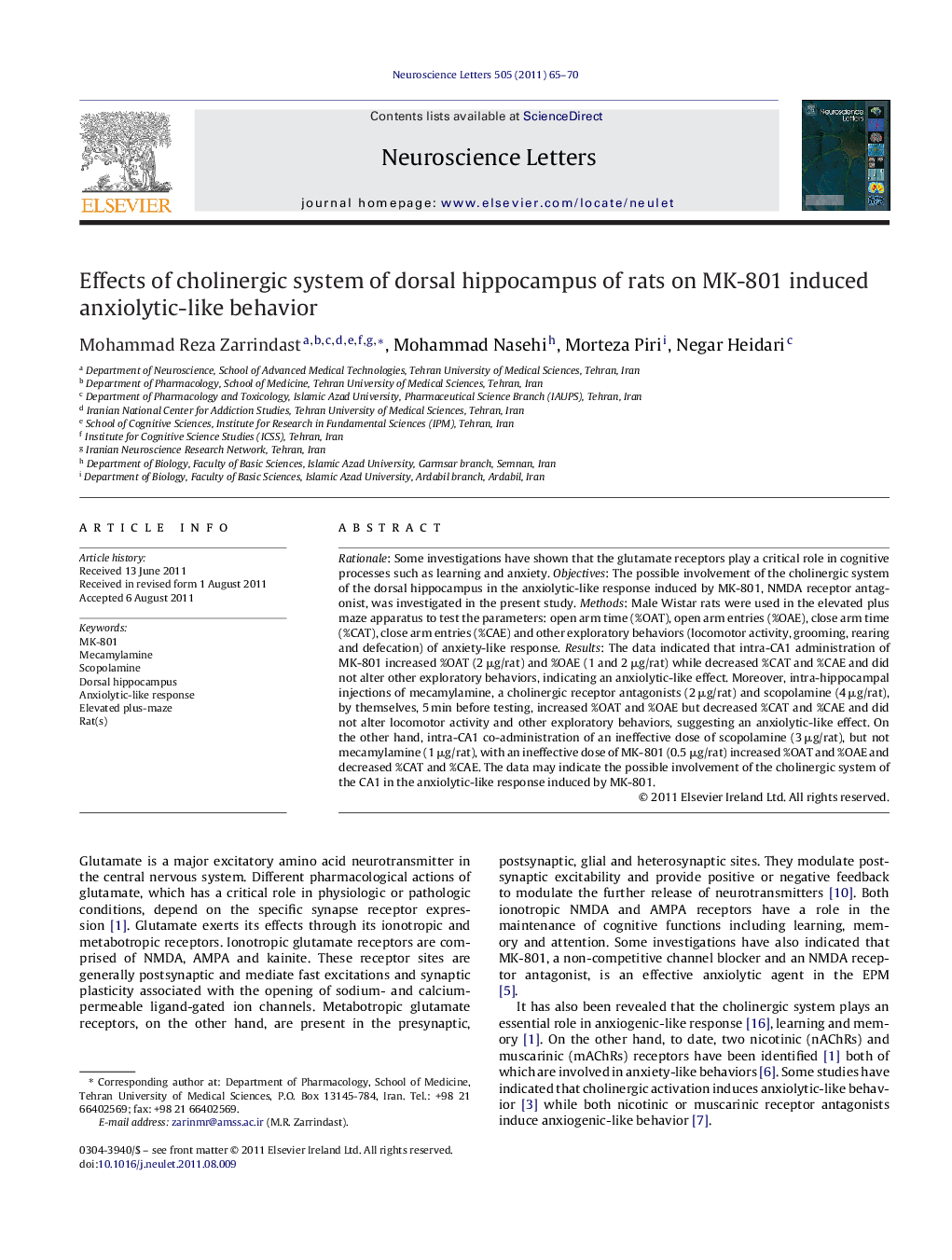 Effects of cholinergic system of dorsal hippocampus of rats on MK-801 induced anxiolytic-like behavior