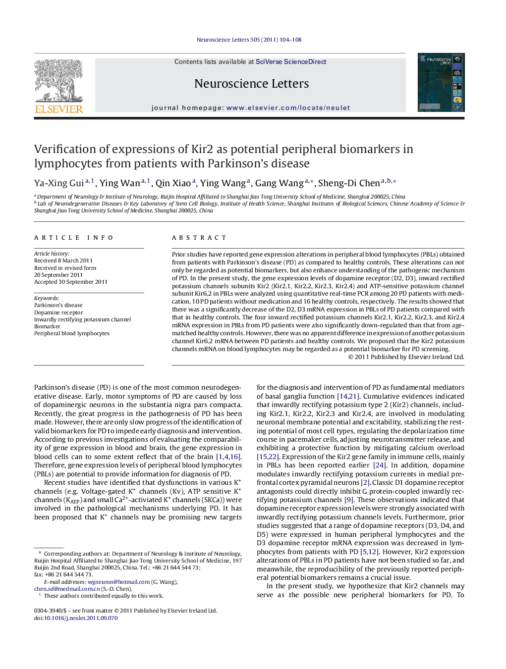 Verification of expressions of Kir2 as potential peripheral biomarkers in lymphocytes from patients with Parkinson's disease