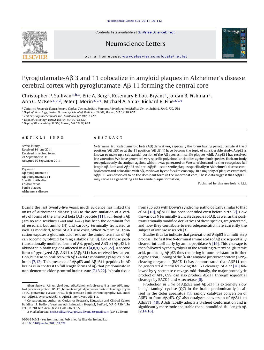 Pyroglutamate-AÎ² 3 and 11 colocalize in amyloid plaques in Alzheimer's disease cerebral cortex with pyroglutamate-AÎ² 11 forming the central core