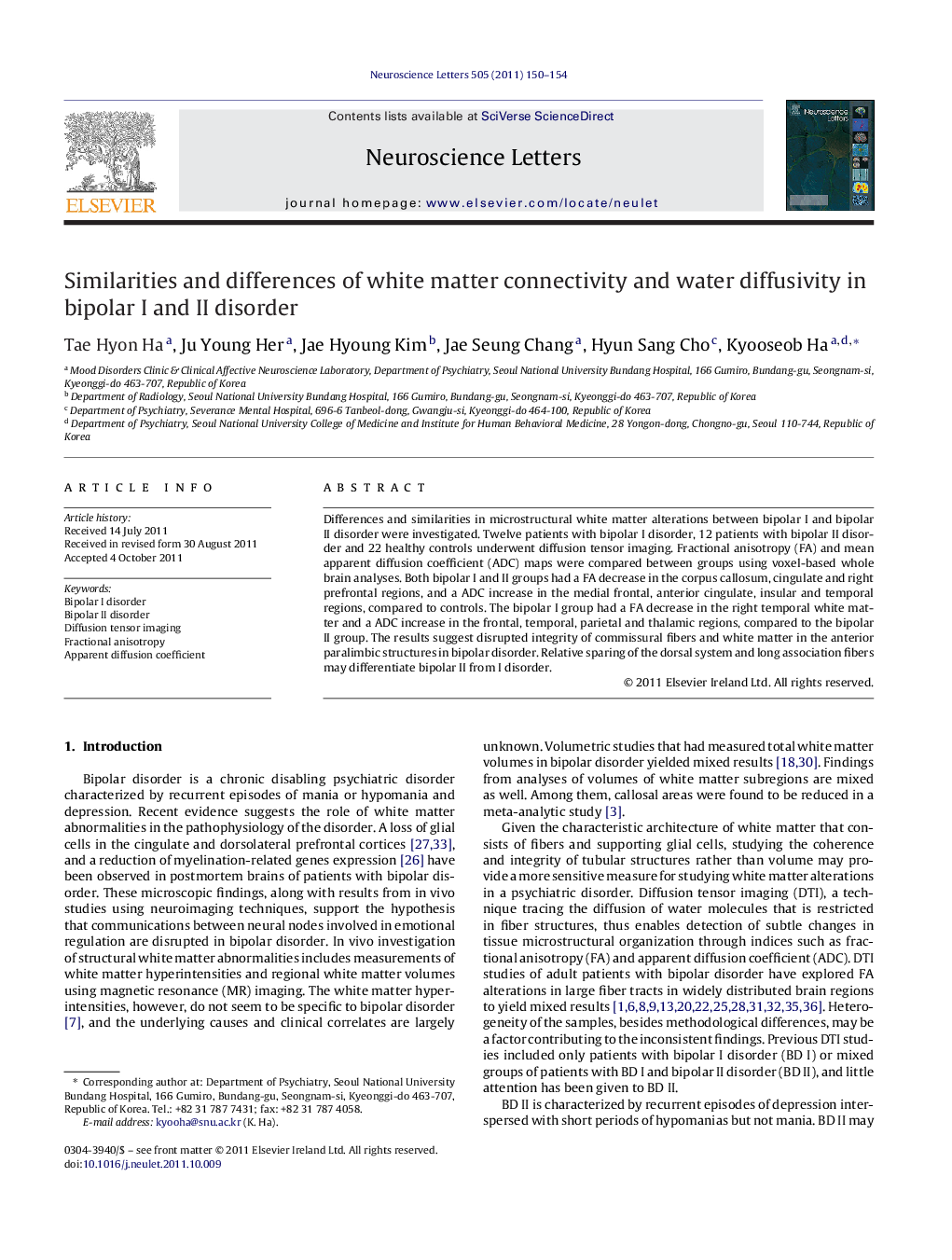 Similarities and differences of white matter connectivity and water diffusivity in bipolar I and II disorder