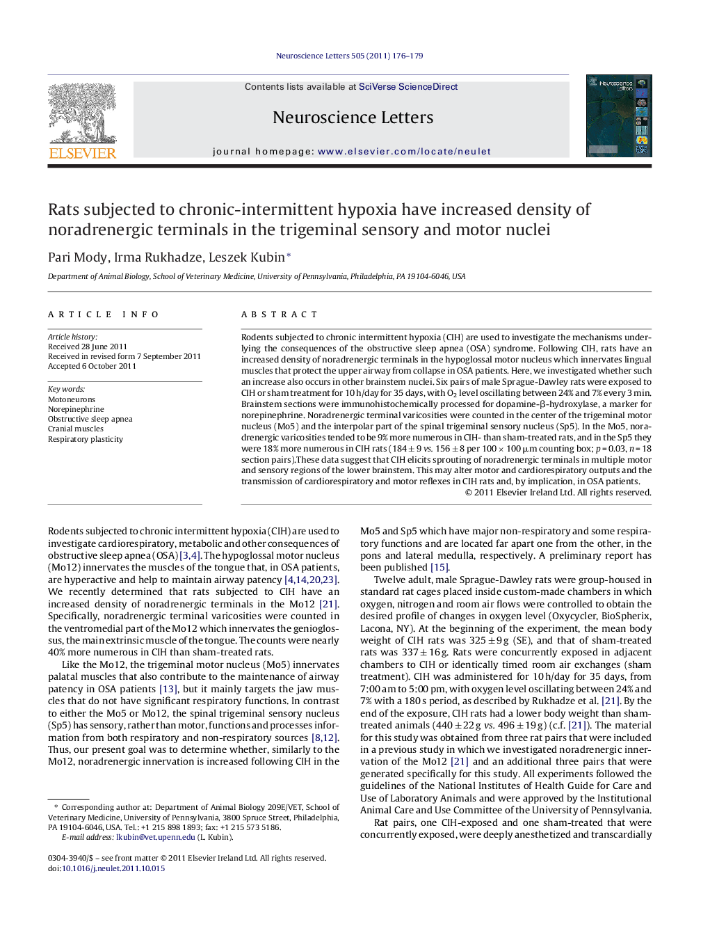 Rats subjected to chronic-intermittent hypoxia have increased density of noradrenergic terminals in the trigeminal sensory and motor nuclei