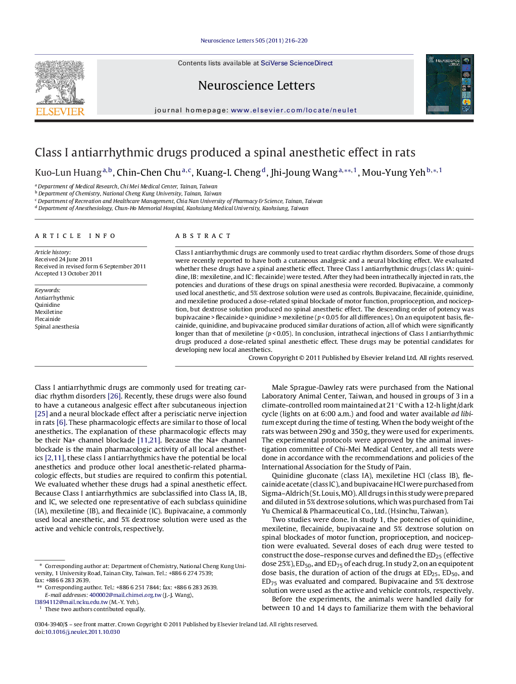 Class I antiarrhythmic drugs produced a spinal anesthetic effect in rats