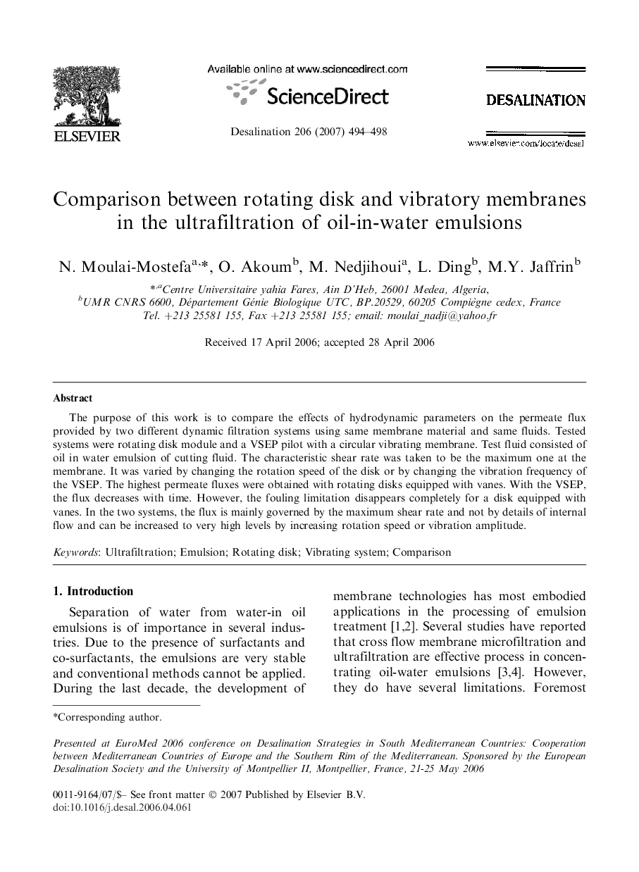 Comparison between rotating disk and vibratory membranes in the ultrafiltration of oil-in-water emulsions