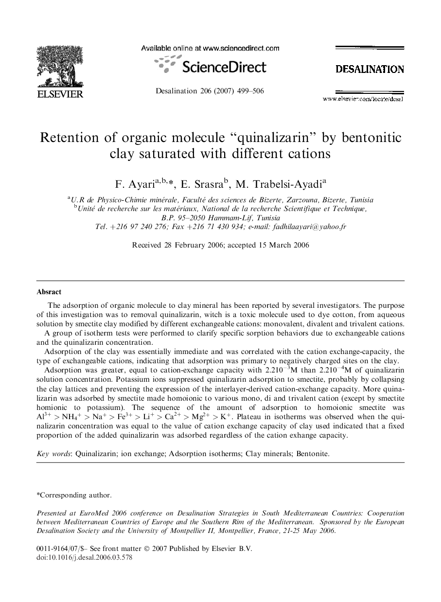 Retention of organic molecule ‘‘quinalizarin’’ by bentonitic clay saturated with different cations