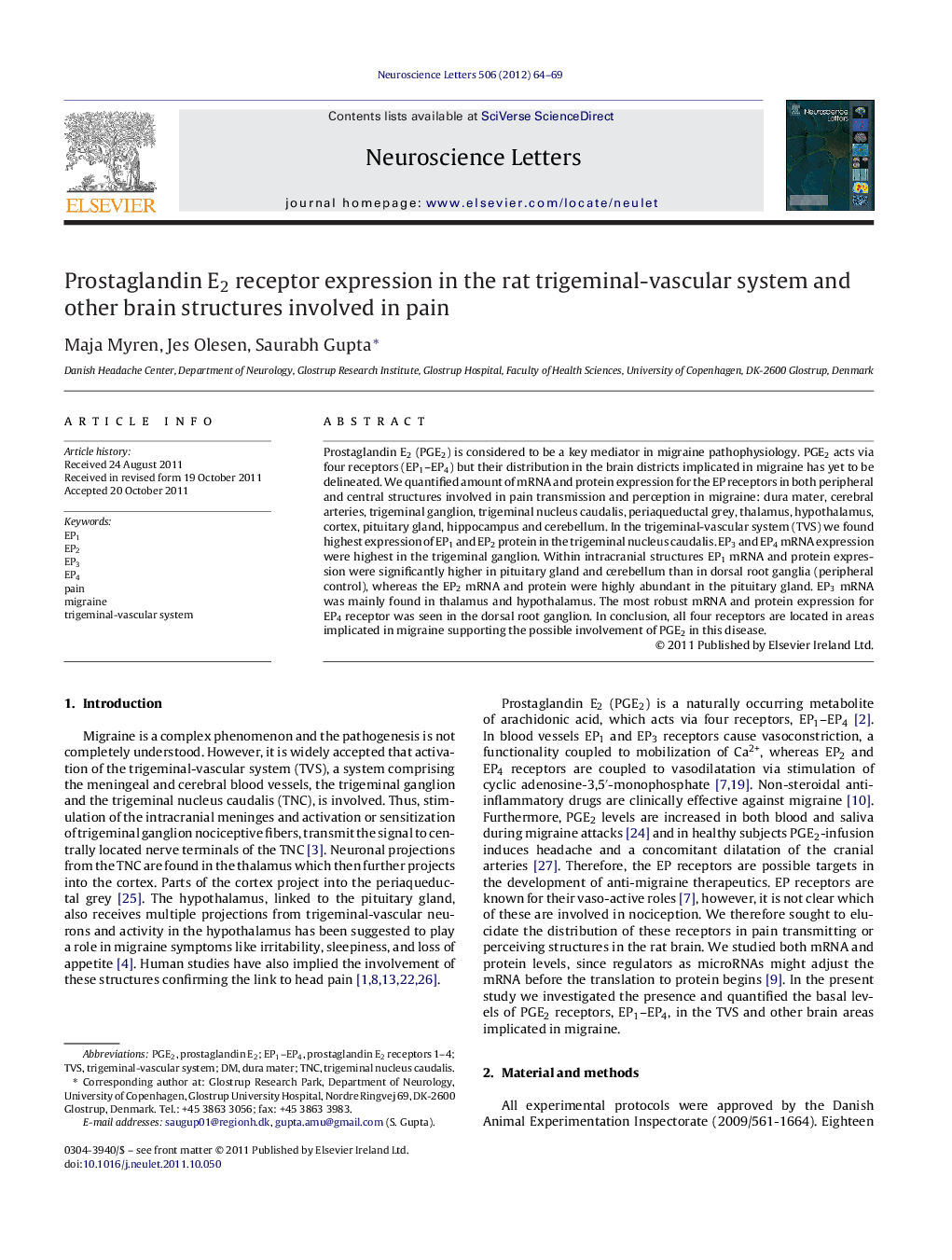 Prostaglandin E2 receptor expression in the rat trigeminal-vascular system and other brain structures involved in pain