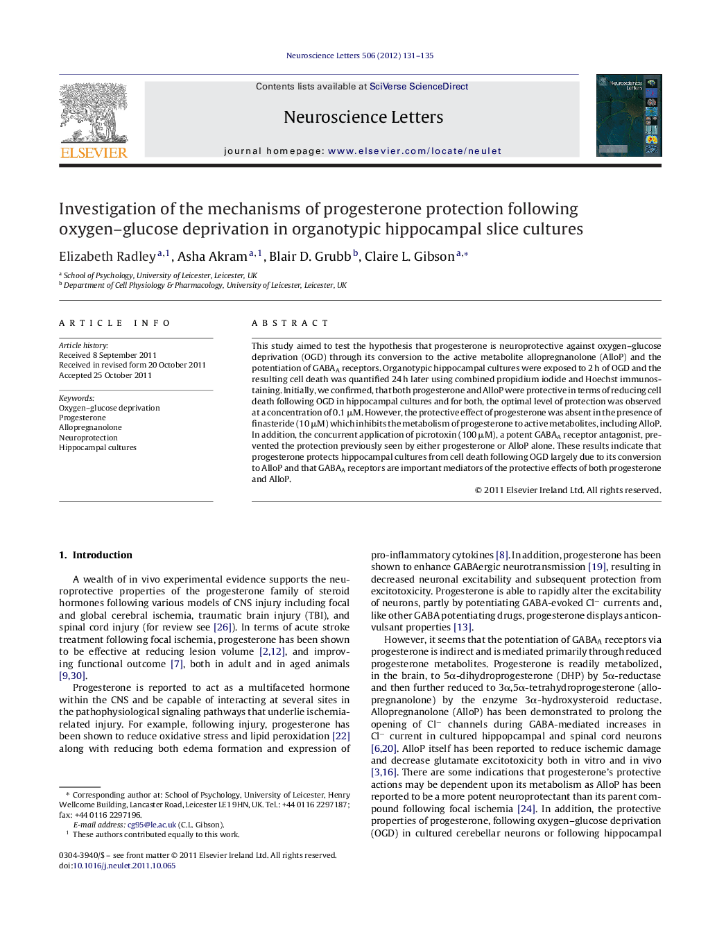 Investigation of the mechanisms of progesterone protection following oxygen-glucose deprivation in organotypic hippocampal slice cultures