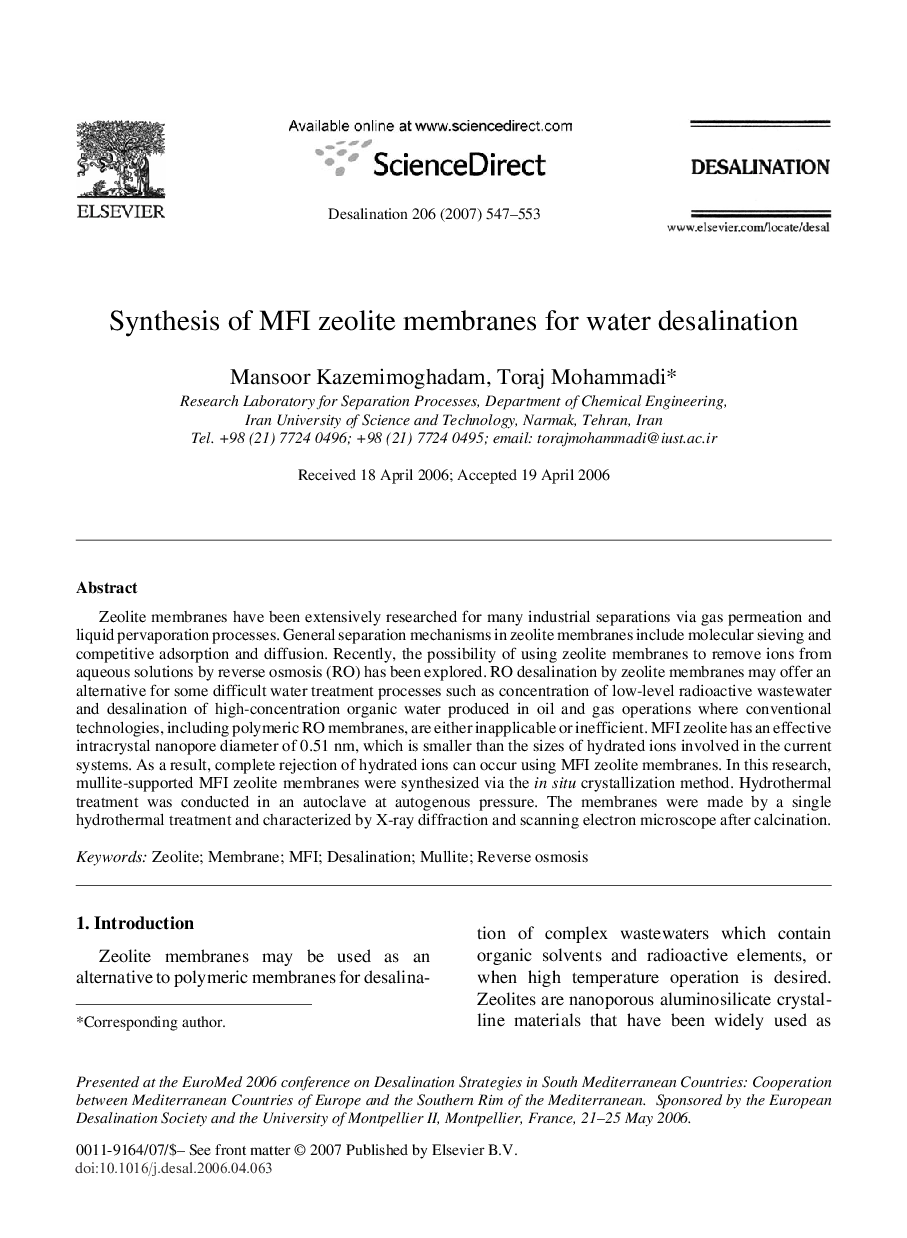 Synthesis of MFI zeolite membranes for water desalination