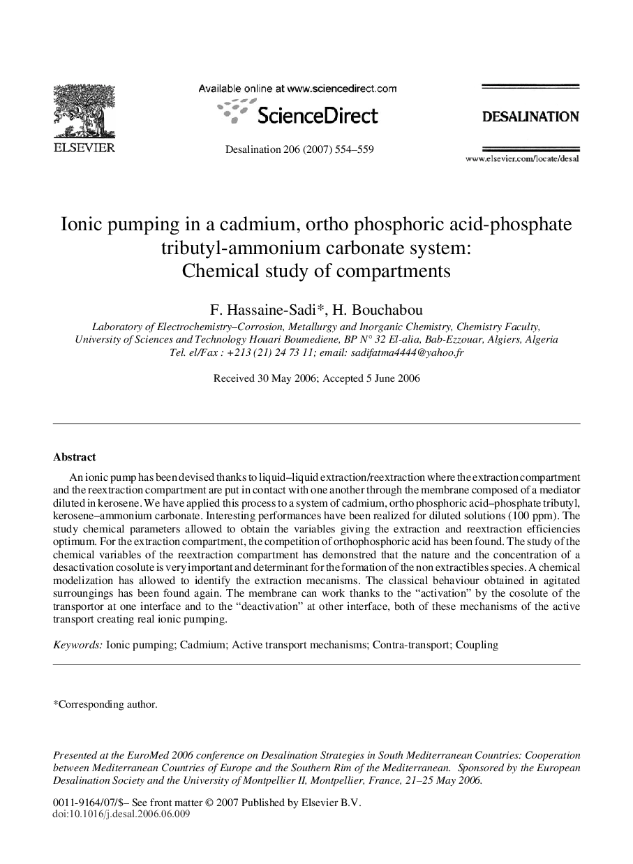 عکس صفحه اول مقاله: Ionic pumping in a cadmium, ortho phosphoric acid-phosphate tributyl-ammonium carbonate system: Chemical study of compartments Ionic pumping in a cadmium, ortho phosphoric acid-phosphate tributyl-ammonium carbonate system: Chemical study of compartments
