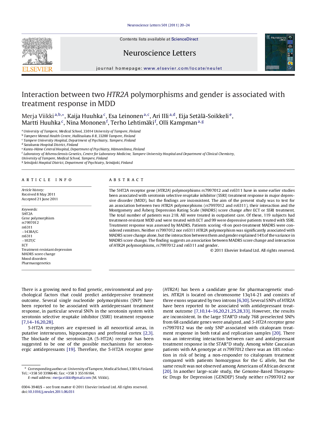 Interaction between two HTR2A polymorphisms and gender is associated with treatment response in MDD