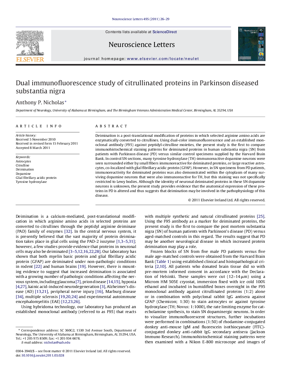 Dual immunofluorescence study of citrullinated proteins in Parkinson diseased substantia nigra