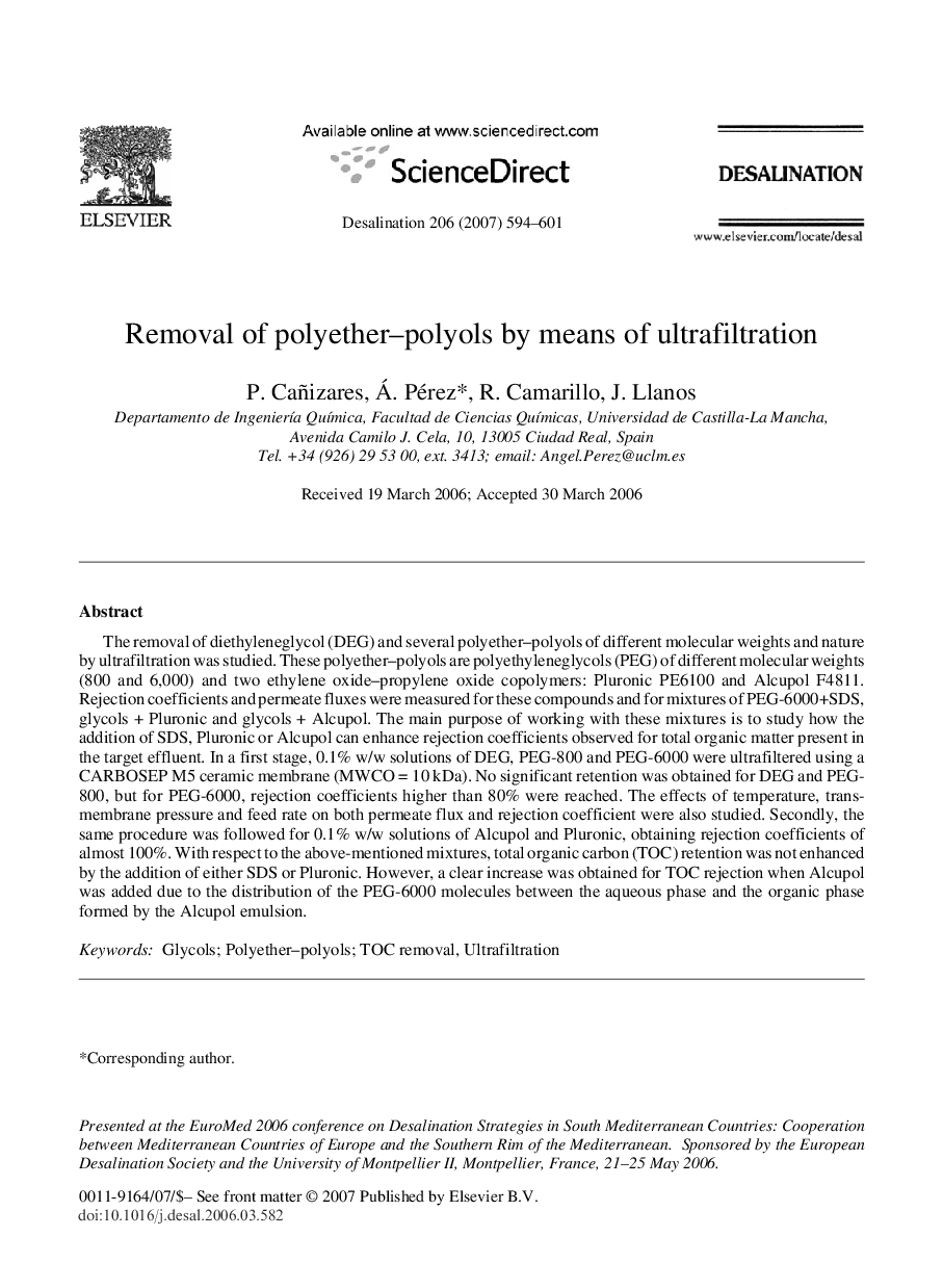 عکس صفحه اول مقاله: Removal of polyether-polyols by means of ultrafiltration Removal of polyether-polyols by means of ultrafiltration