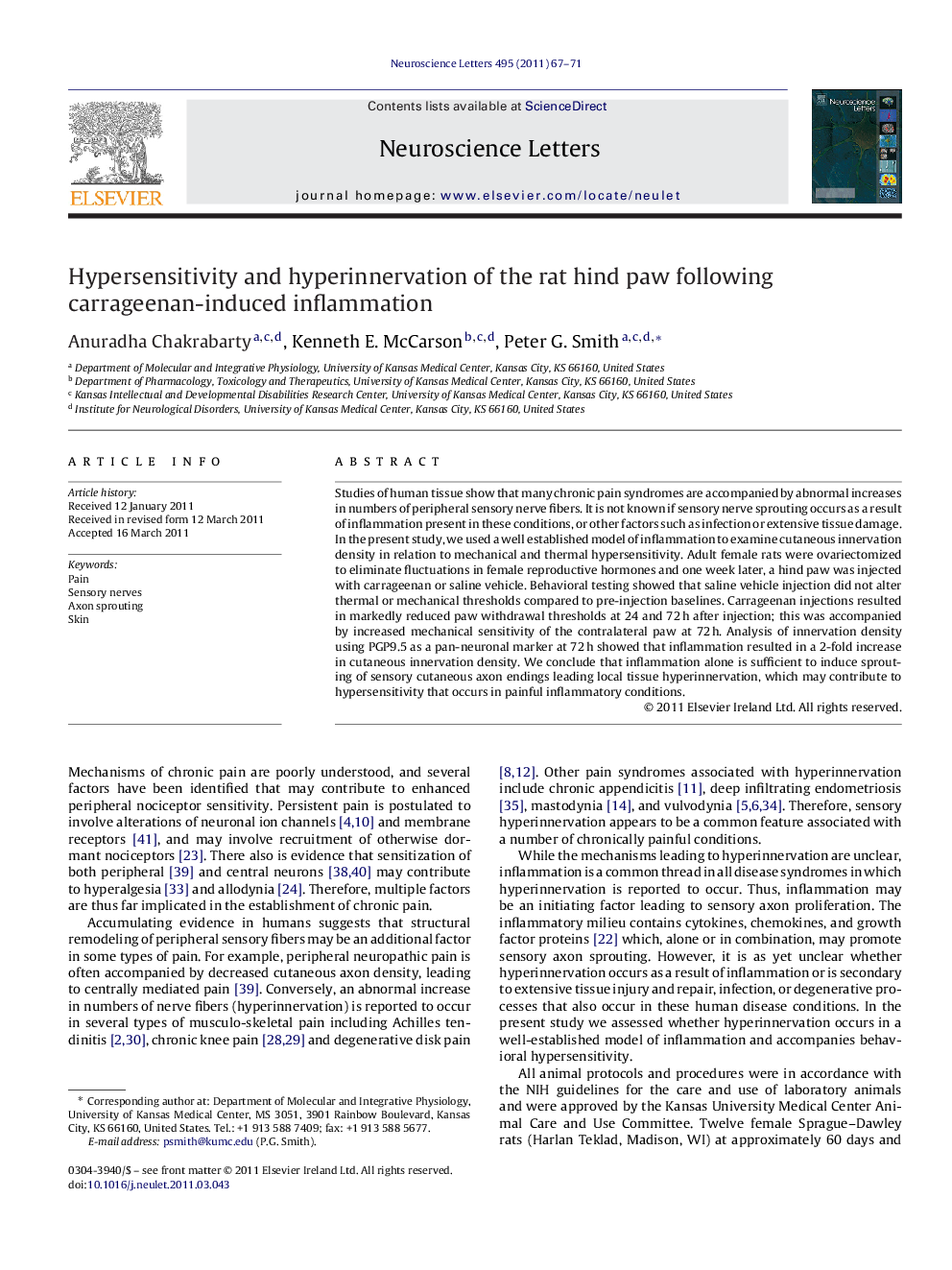 Hypersensitivity and hyperinnervation of the rat hind paw following carrageenan-induced inflammation