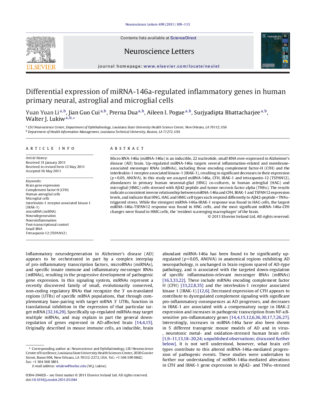 Differential expression of miRNA-146a-regulated inflammatory genes in human primary neural, astroglial and microglial cells