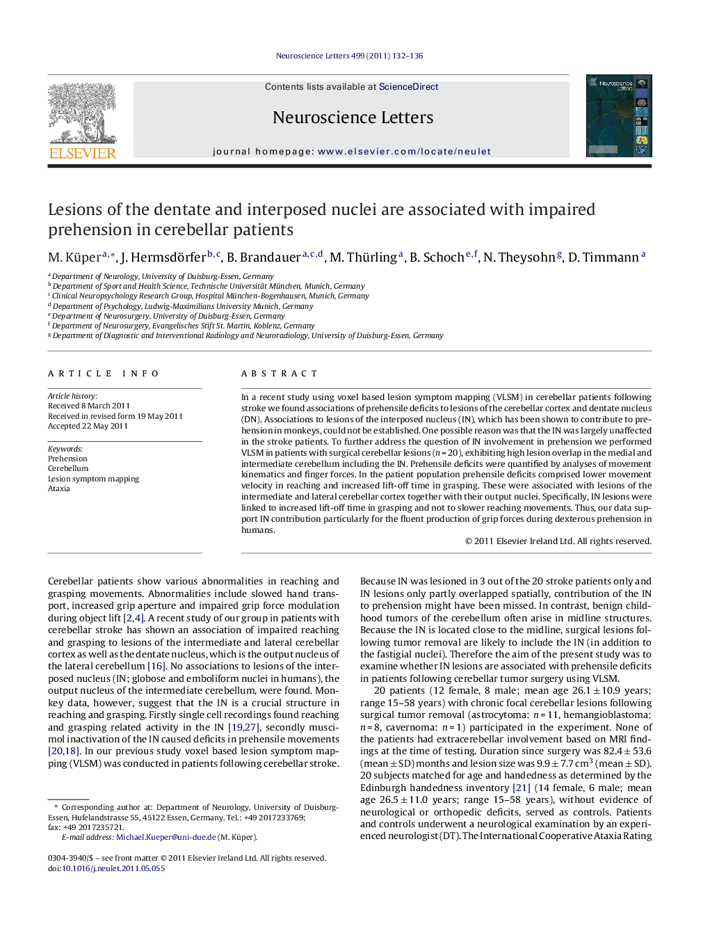 Lesions of the dentate and interposed nuclei are associated with impaired prehension in cerebellar patients