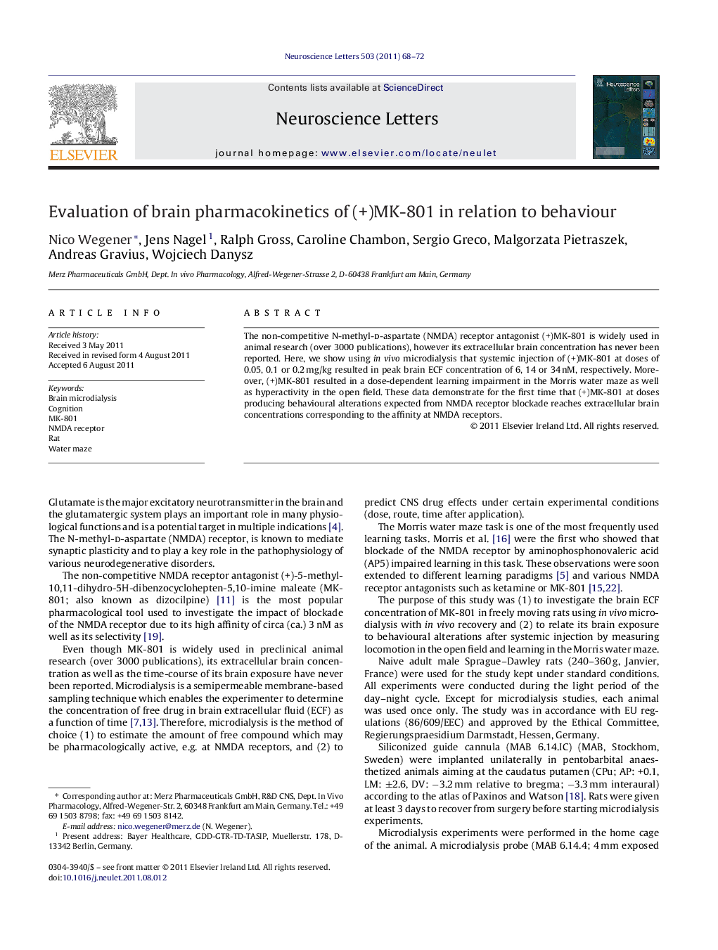 Evaluation of brain pharmacokinetics of (+)MK-801 in relation to behaviour