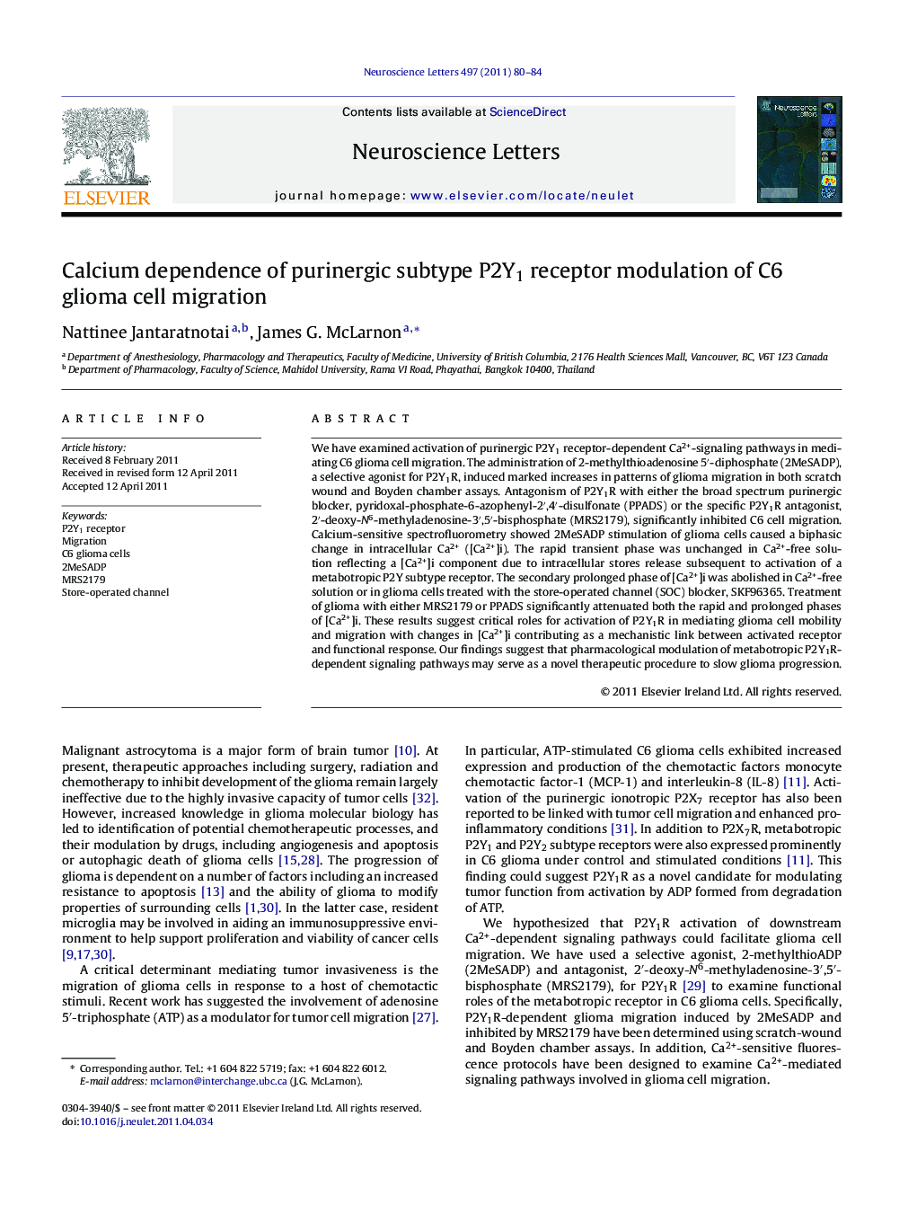 Calcium dependence of purinergic subtype P2Y1 receptor modulation of C6 glioma cell migration