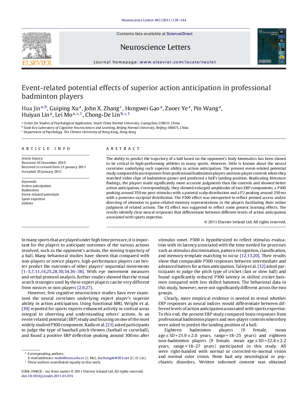 Event-related potential effects of superior action anticipation in professional badminton players