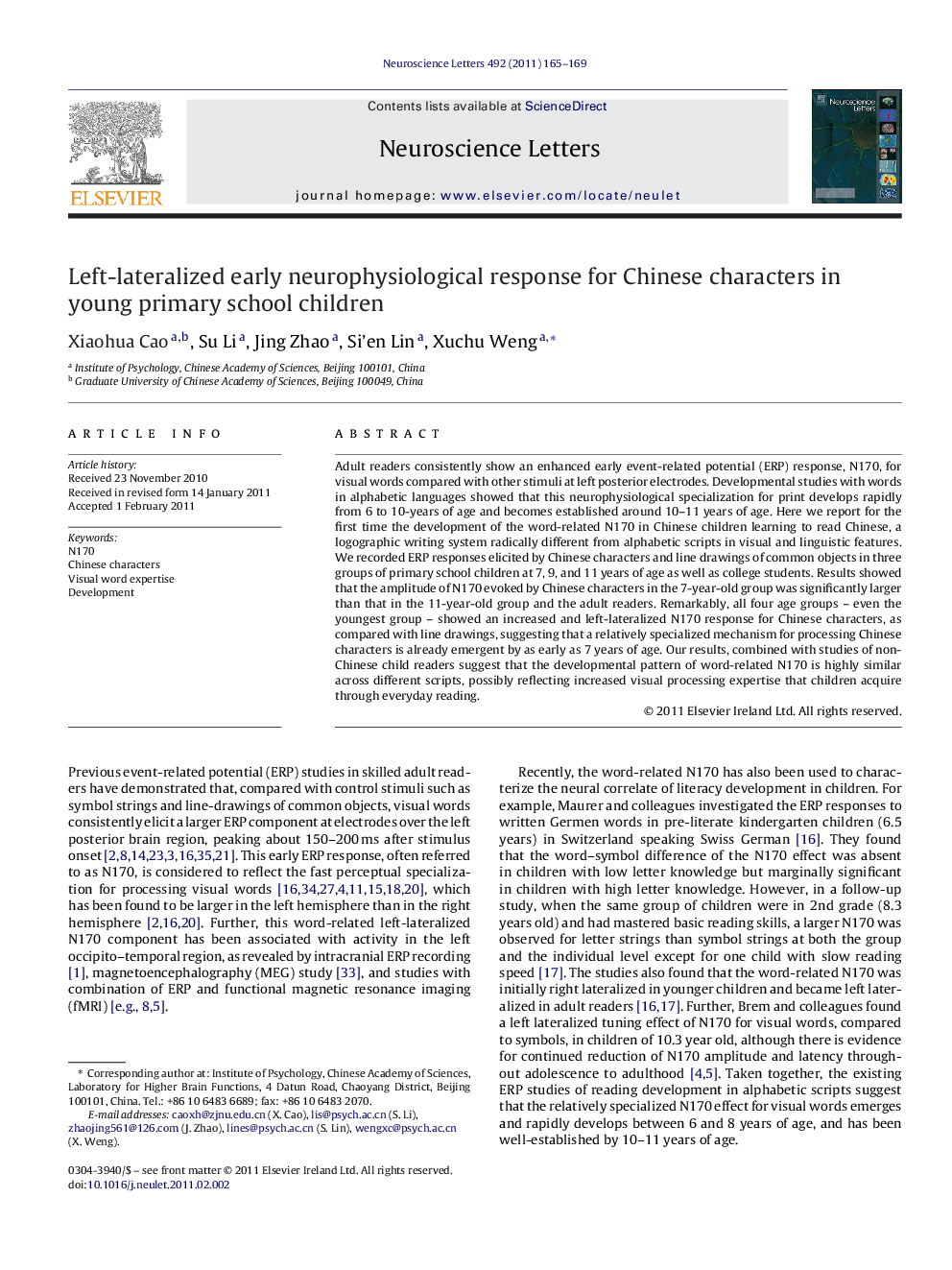 Left-lateralized early neurophysiological response for Chinese characters in young primary school children