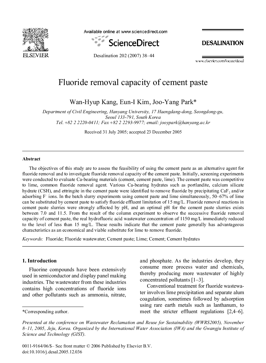 Fluoride removal capacity of cement paste