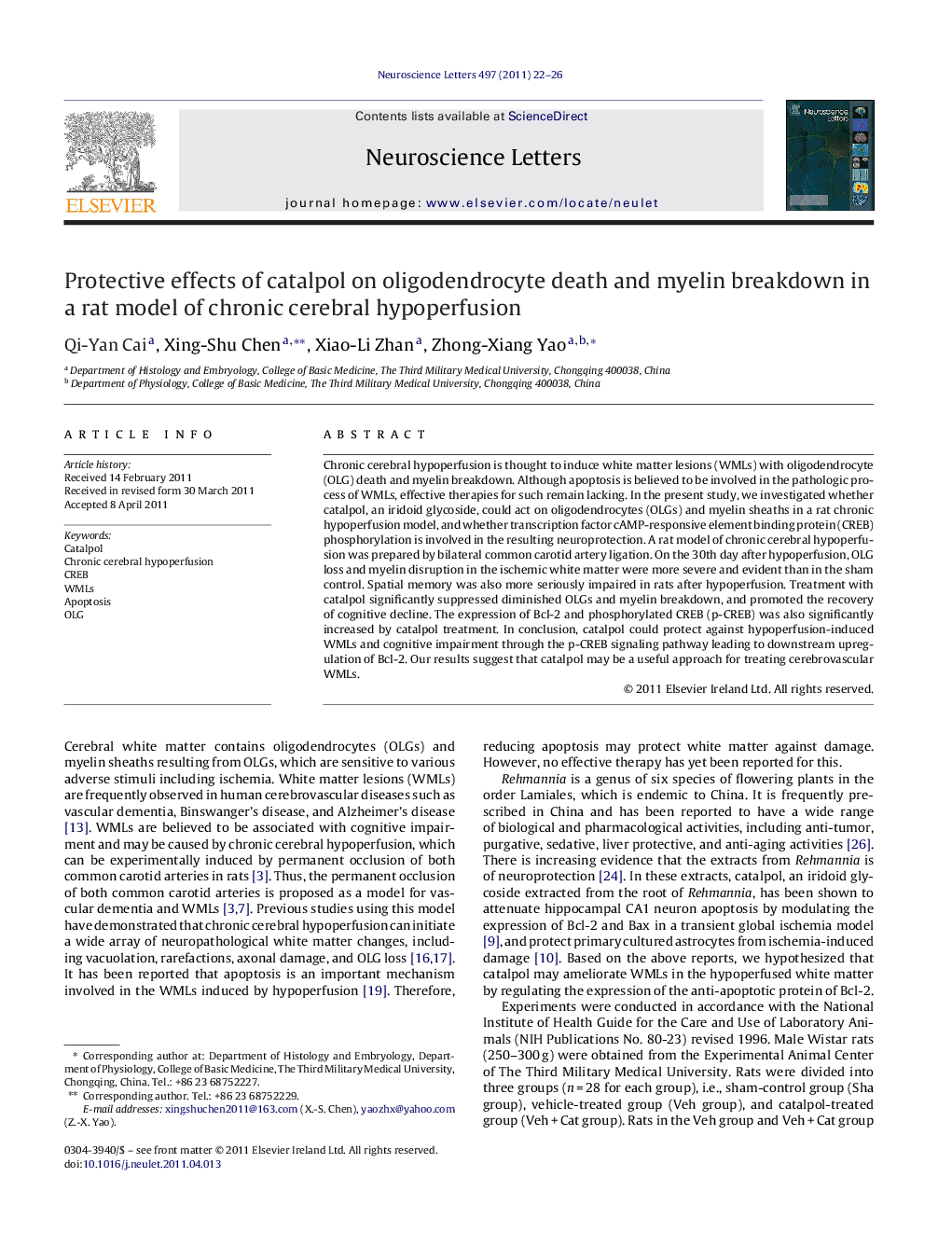 Protective effects of catalpol on oligodendrocyte death and myelin breakdown in a rat model of chronic cerebral hypoperfusion