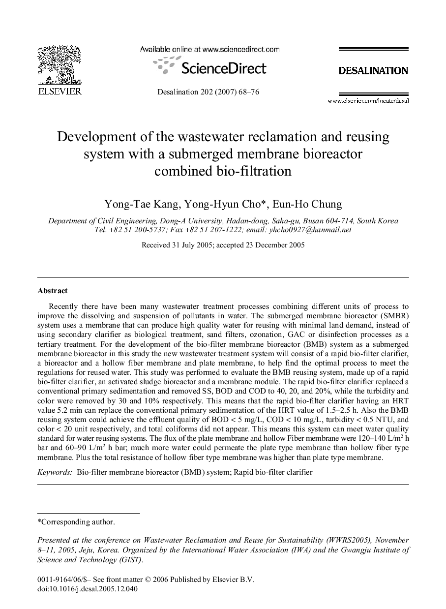 Development of the wastewater reclamation and reusing system with a submerged membrane bioreactor combined bio-filtration