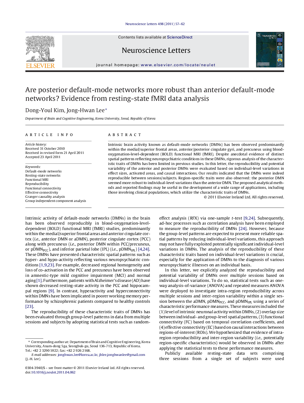 Are posterior default-mode networks more robust than anterior default-mode networks? Evidence from resting-state fMRI data analysis