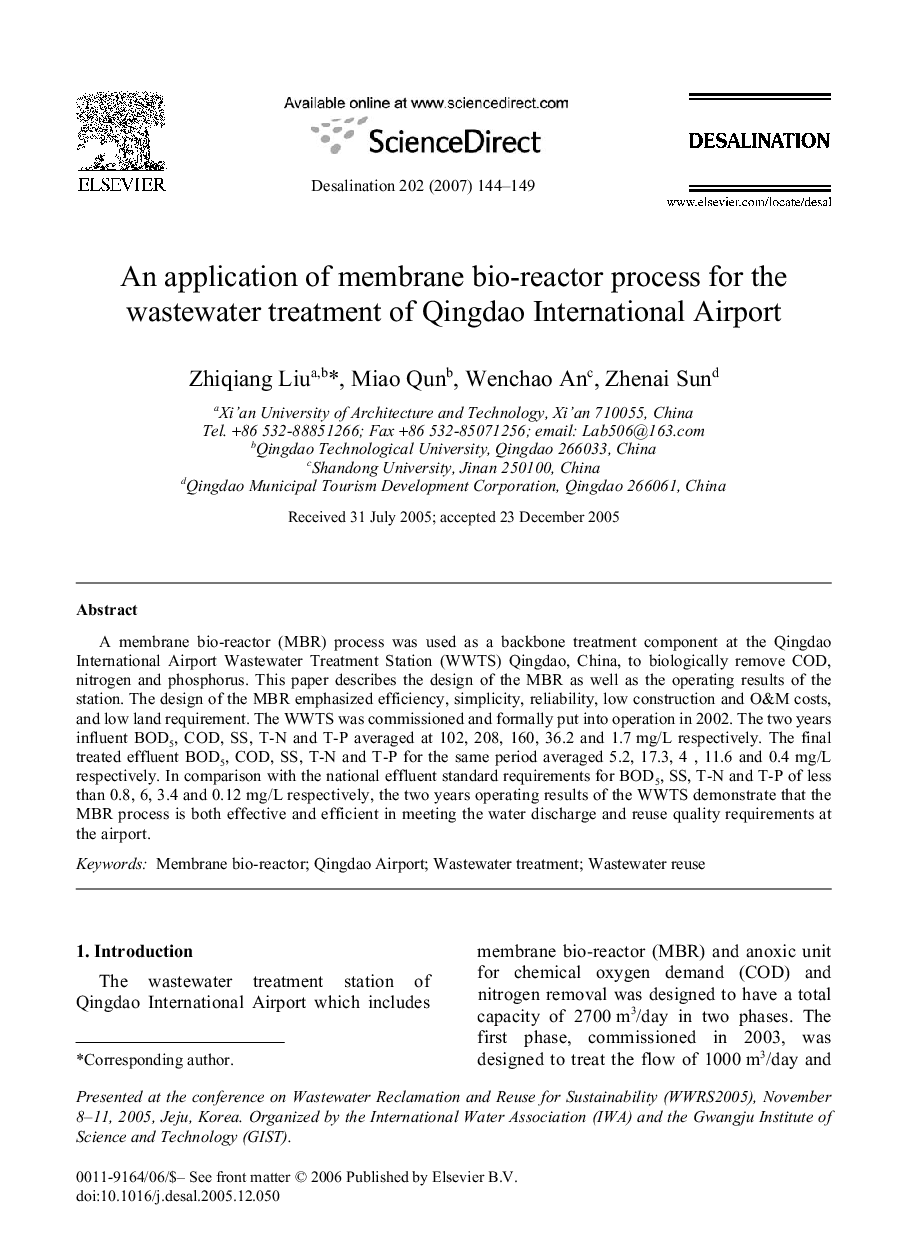 An application of membrane bio-reactor process for the wastewater treatment of Qingdao International Airport