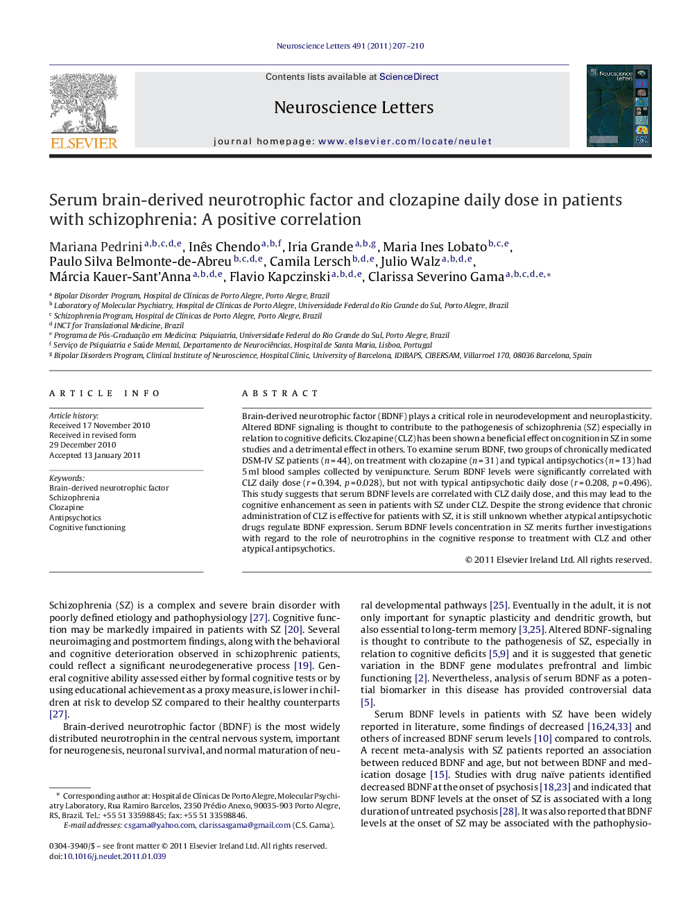 Serum brain-derived neurotrophic factor and clozapine daily dose in patients with schizophrenia: A positive correlation