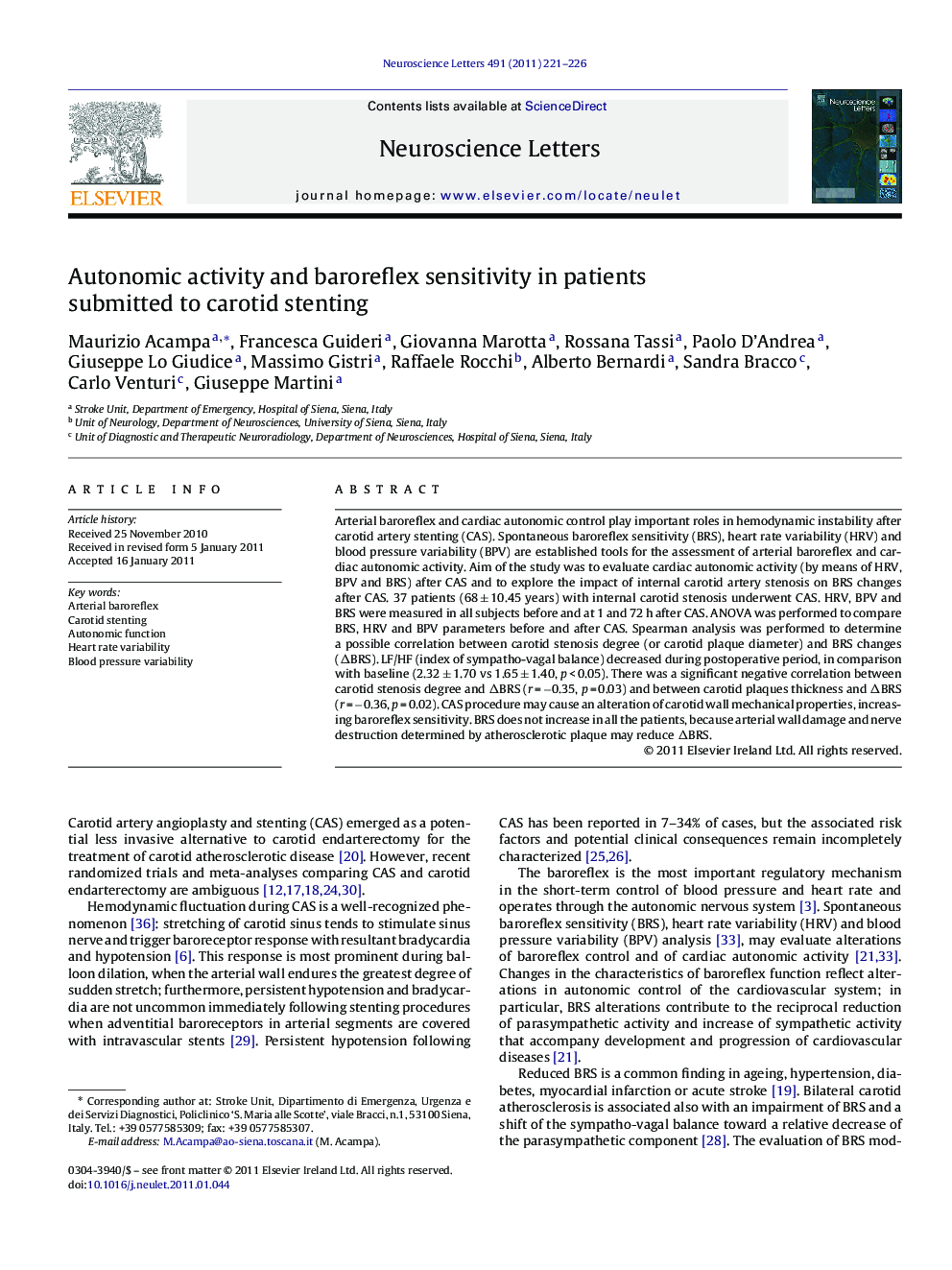Autonomic activity and baroreflex sensitivity in patients submitted to carotid stenting