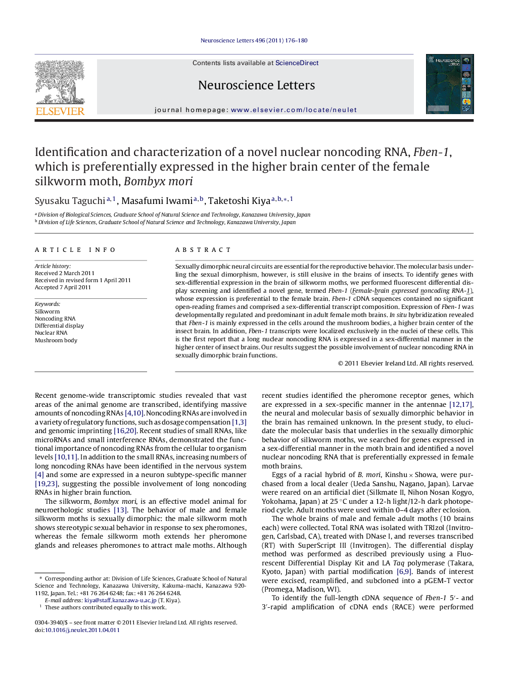 Identification and characterization of a novel nuclear noncoding RNA, Fben-1, which is preferentially expressed in the higher brain center of the female silkworm moth, Bombyx mori