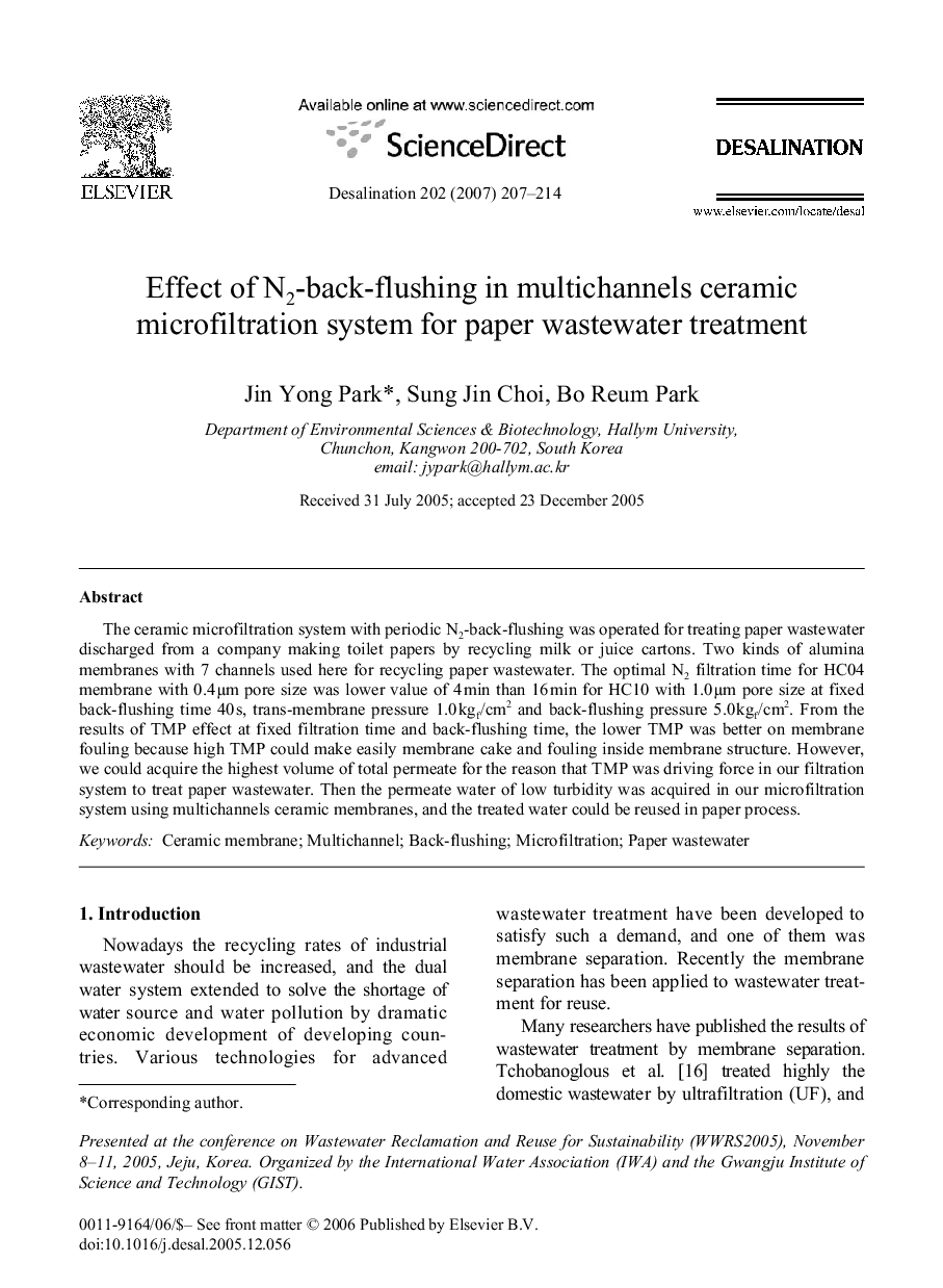 Effect of N2-back-flushing in multichannels ceramic microfiltration system for paper wastewater treatment